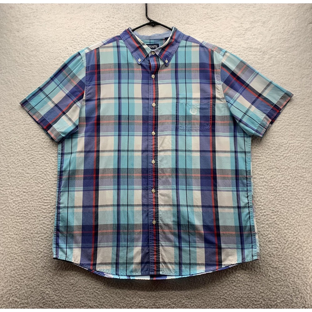 Chaps Easy Care Shirt Mens XL X-Large Blue White Plaid Casual Comfort Dad Preppy